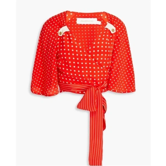 NWT Zimmermann 100% Silk Red Polka Dot Wrap Top | US Size 2P - Picture 2 of 9